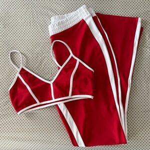 Carbon38 Red and White Track Pants & Sports Bralette Set